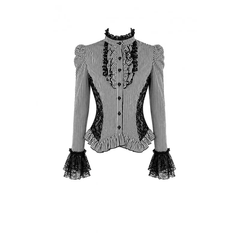 Gothic-Bluse für Damen mit Rüschen, Spitzen-Patchwork und Nadelstreifen, langen Ärmeln
