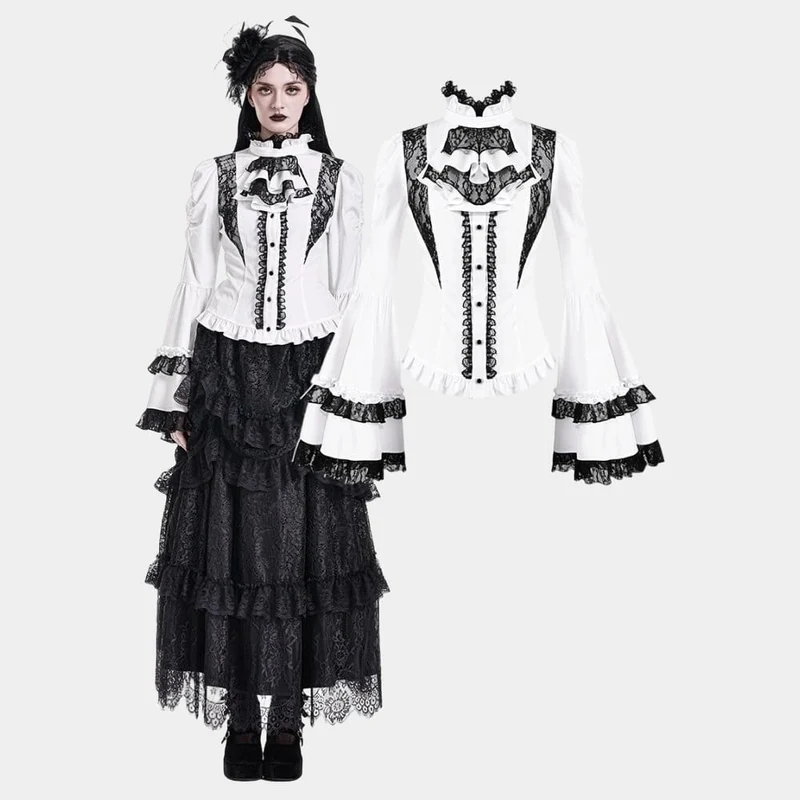Gothic-Bluse für Damen mit Spitzeneinsatz, Rüschen, kontrastfarbenen Glockenärmeln und abnehmbarem Halsband