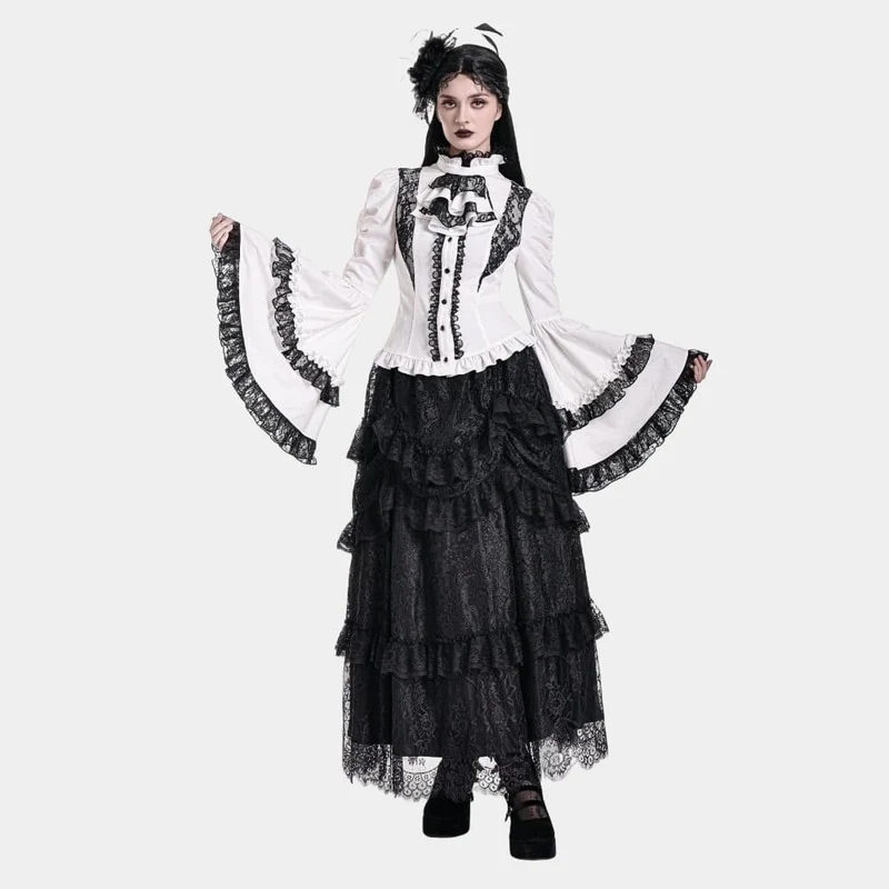 Gothic-Bluse für Damen mit Spitzeneinsatz, Rüschen, kontrastfarbenen Glockenärmeln und abnehmbarem Halsband