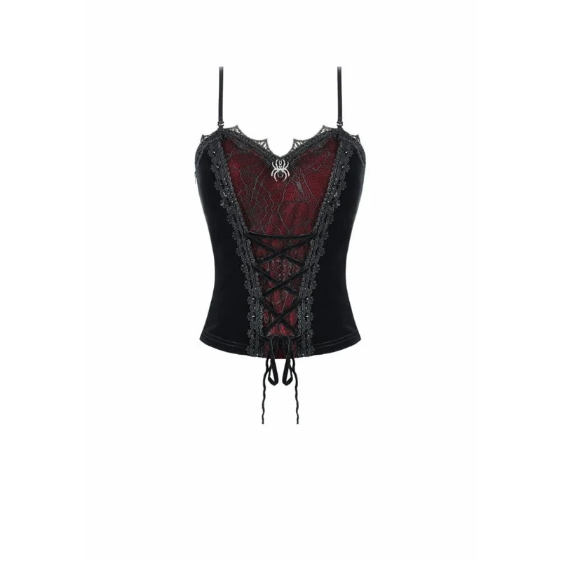 Gothic-Crop-Top für Damen mit Spinnenmuster, Schnürung und Kontrastfarben