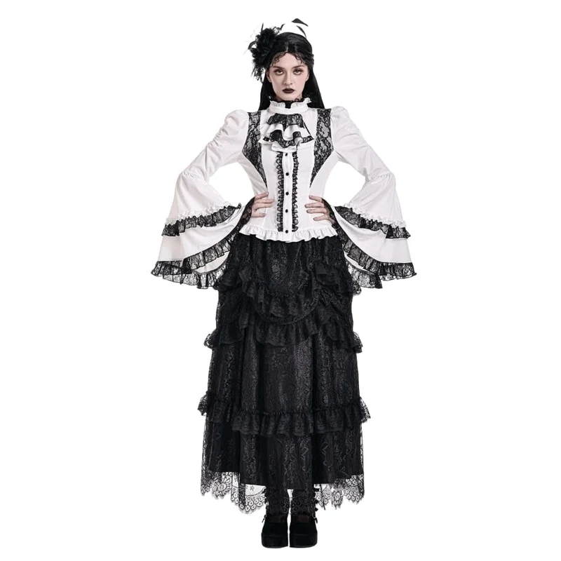 Gothic-Maxirock für Damen mit mehreren Lagen, Rüschen und floraler Spitze