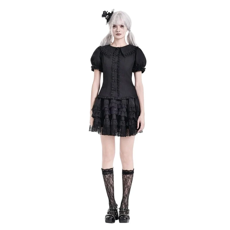 Gothic-Bluse für Damen mit Rüschen, Peter-Pan-Kragen, Puffärmeln und kurzen Ärmeln