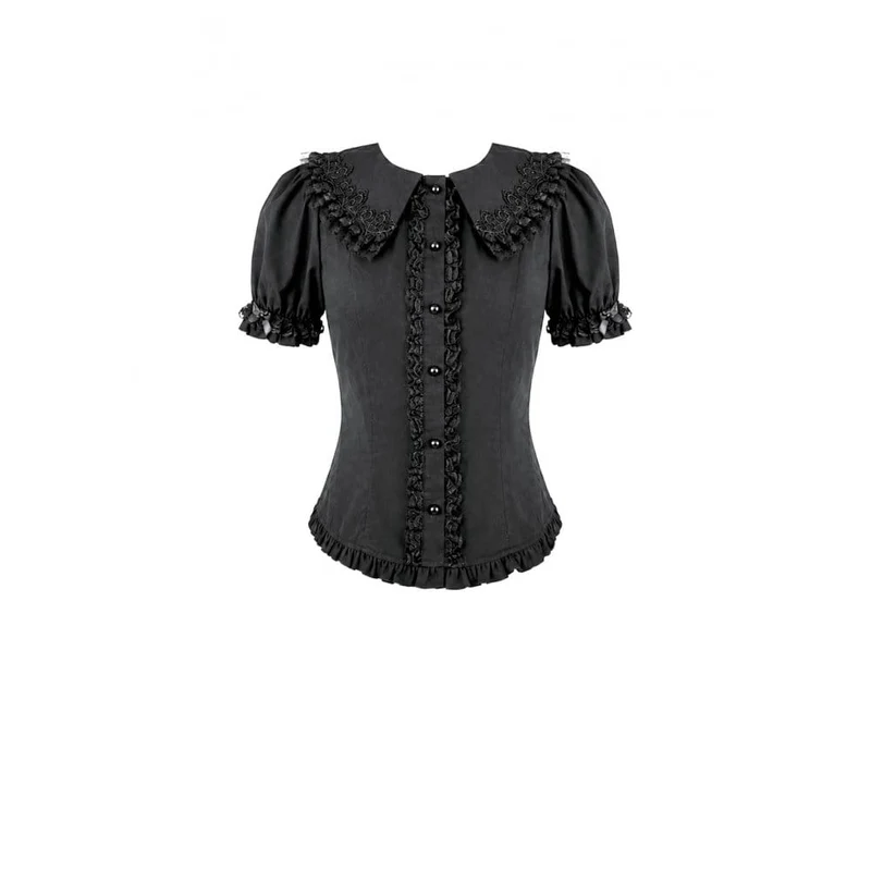 Gothic-Bluse für Damen mit Rüschen, Peter-Pan-Kragen, Puffärmeln und kurzen Ärmeln