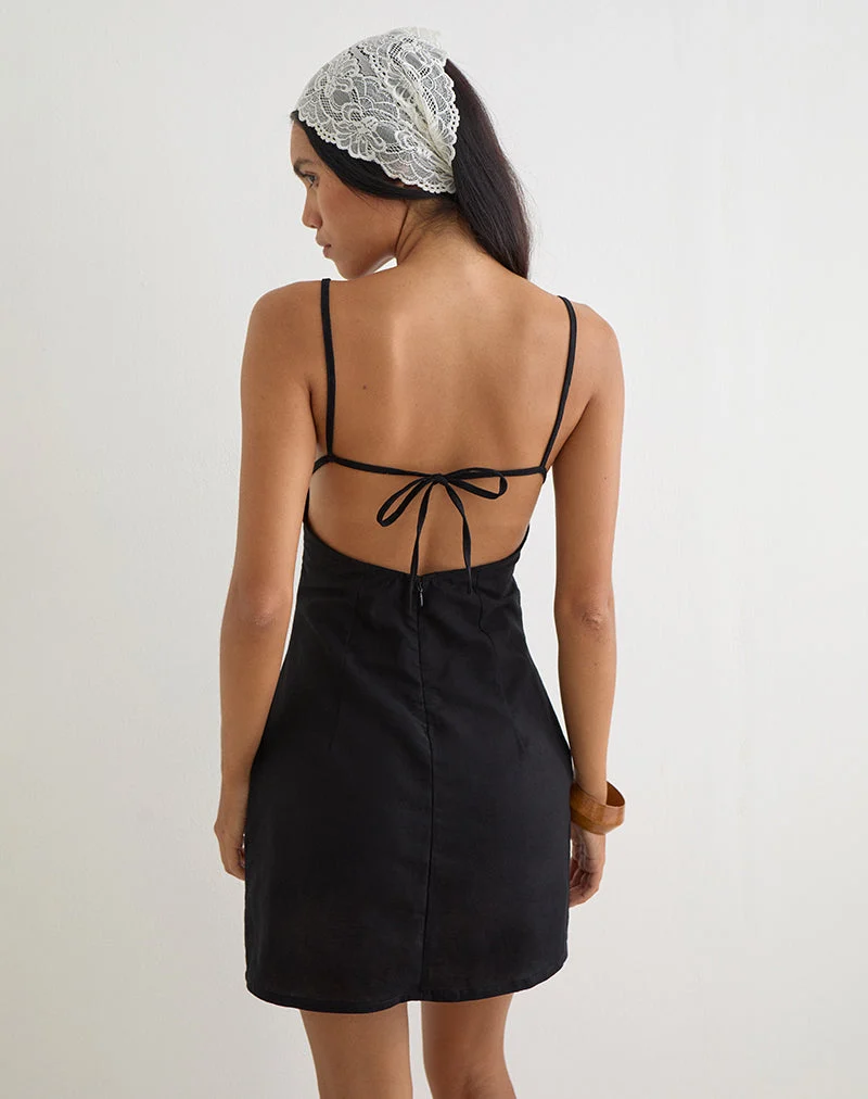 Ambra Scoop Minikleid aus Leinen, schwarz