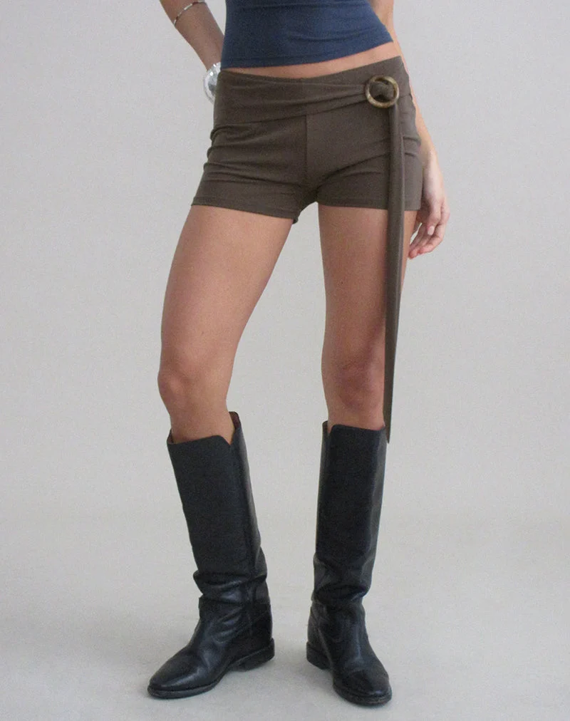 Nivaya Micro-Shorts mit Wickelgürtel aus Cupro, dunkelbraun