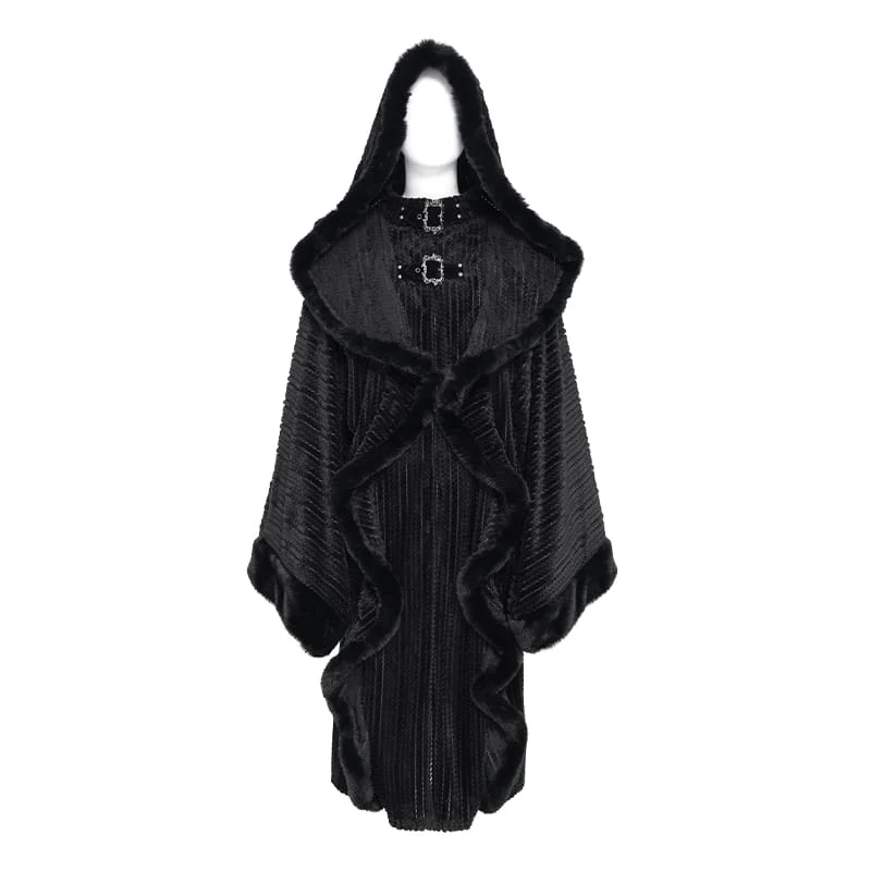 Gothic-Mantel für Damen mit Kunstpelzbesatz, Kapuze und Hexenmotiv