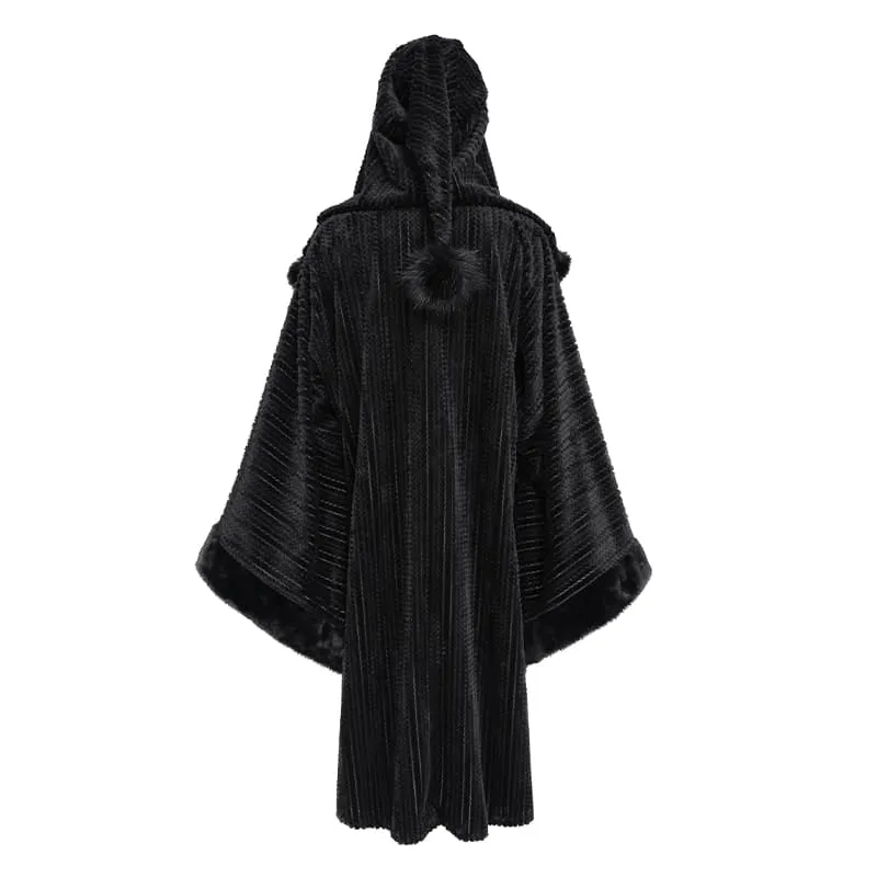 Gothic-Mantel für Damen mit Kunstpelzbesatz, Kapuze und Hexenmotiv
