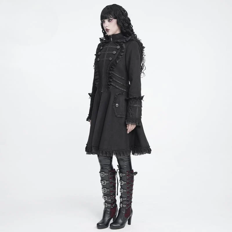 Gothic-Mantel für Damen mit Kapuze, Spitzenrüschenbesatz, ausgestelltem Saum und Kapuze