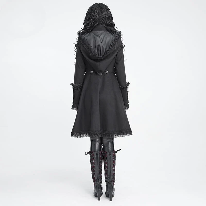 Gothic-Mantel für Damen mit Kapuze, Spitzenrüschenbesatz, ausgestelltem Saum und Kapuze