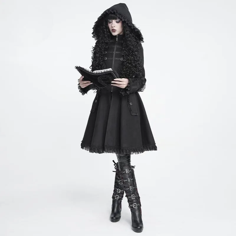 Gothic-Mantel für Damen mit Kapuze, Spitzenrüschenbesatz, ausgestelltem Saum und Kapuze