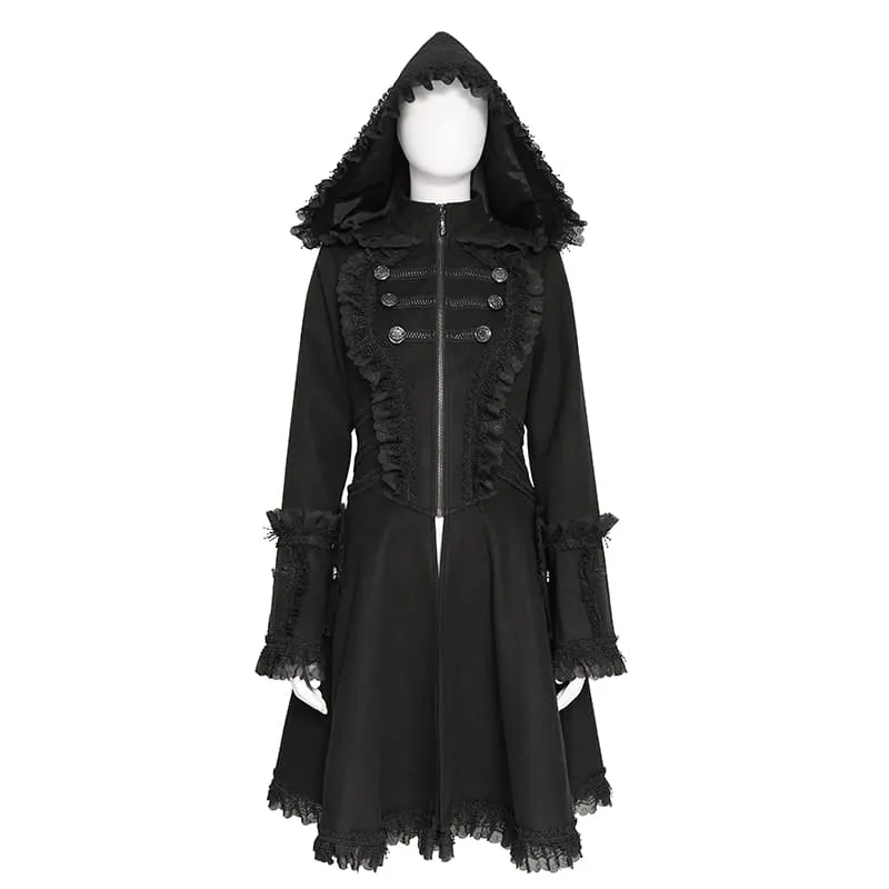 Gothic-Mantel für Damen mit Kapuze, Spitzenrüschenbesatz, ausgestelltem Saum und Kapuze