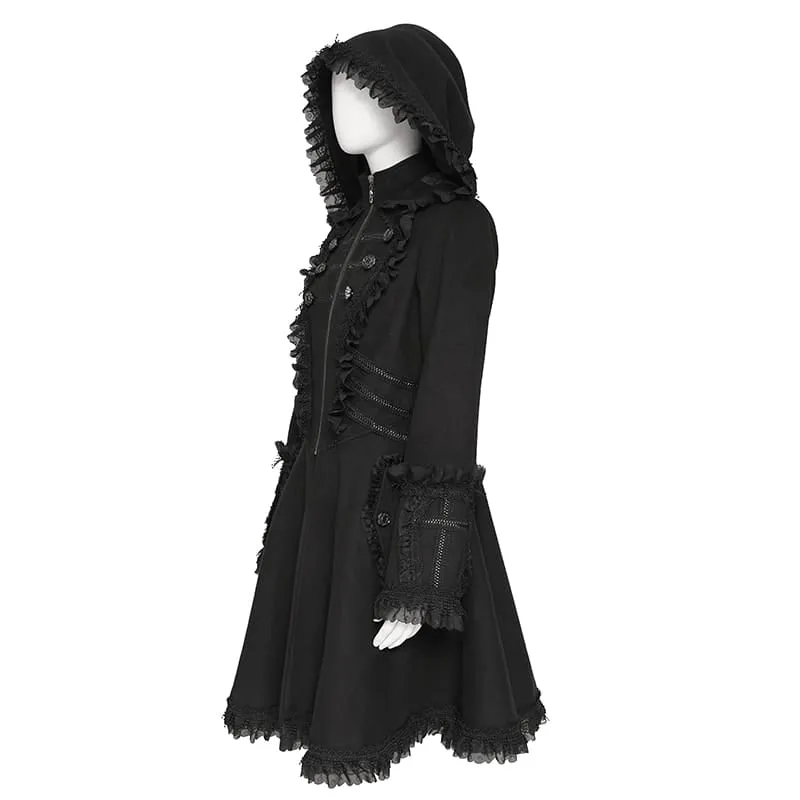 Gothic-Mantel für Damen mit Kapuze, Spitzenrüschenbesatz, ausgestelltem Saum und Kapuze