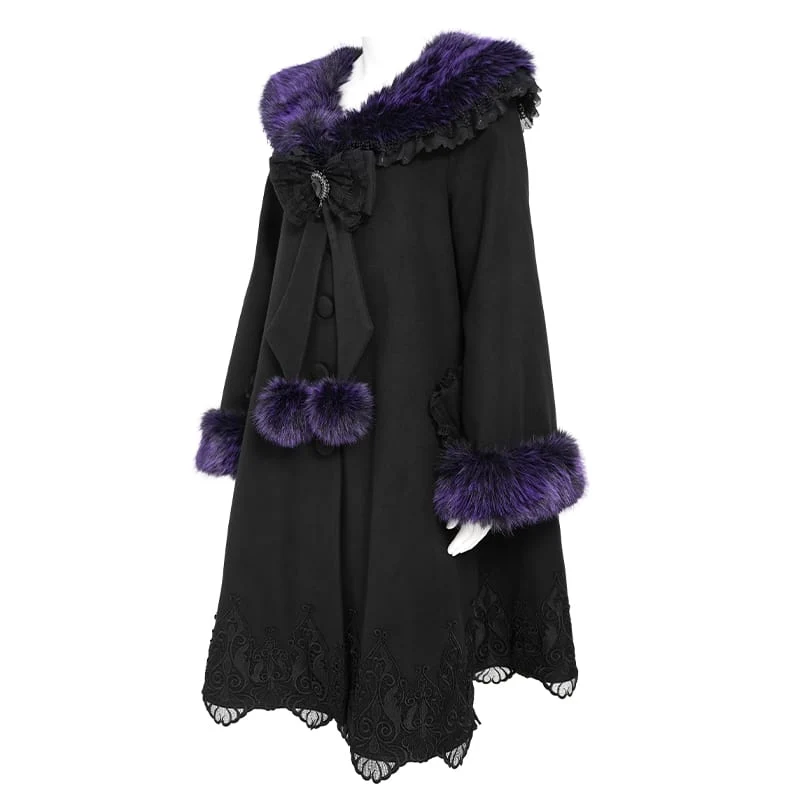 Langer Damenmantel im Gothic-Stil mit Spitzenbesatz, Kunstpelzkragen und abnehmbarer Schleife