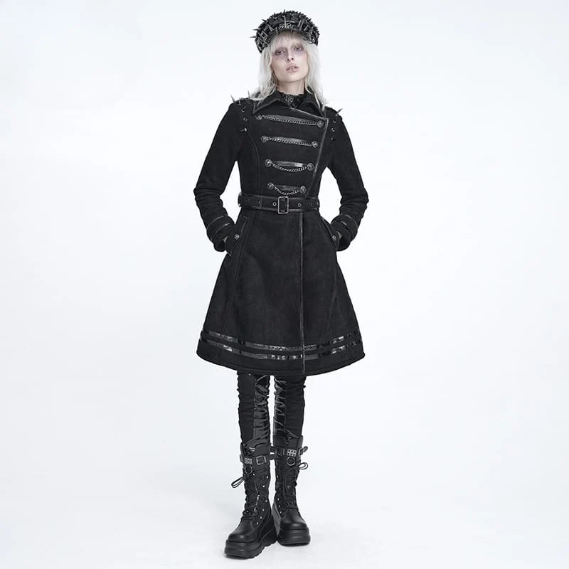 Punk-Mantel für Damen mit Nieten, Kettenrevers und schräger Knopfleiste