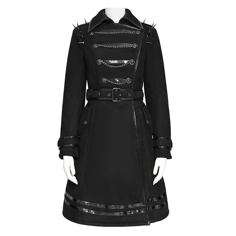 Punk-Mantel für Damen mit Nieten, Kettenrevers und schräger Knopfleiste