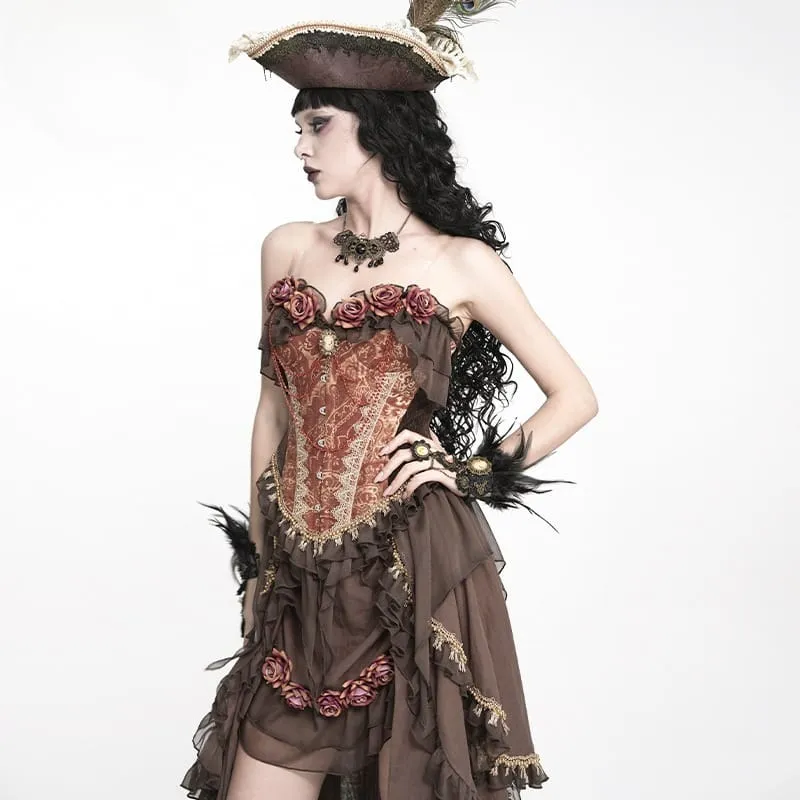 Gothic-Jacquard-Rosen-Overbust-Korsett für Damen mit asymmetrisch drapierten, transparenten Chiffon-Schleifen