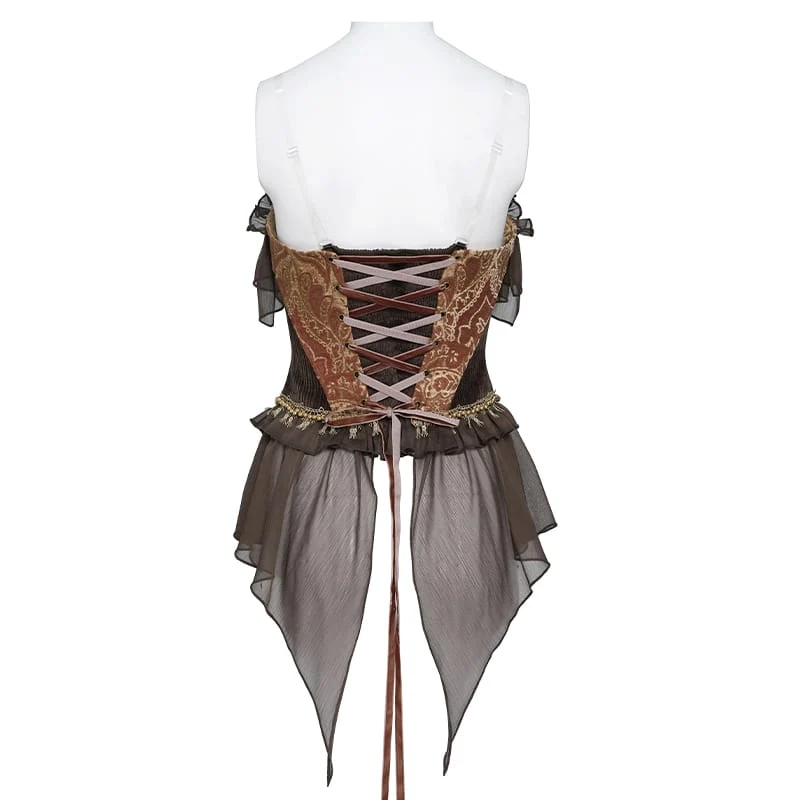 Gothic-Jacquard-Rosen-Overbust-Korsett für Damen mit asymmetrisch drapierten, transparenten Chiffon-Schleifen