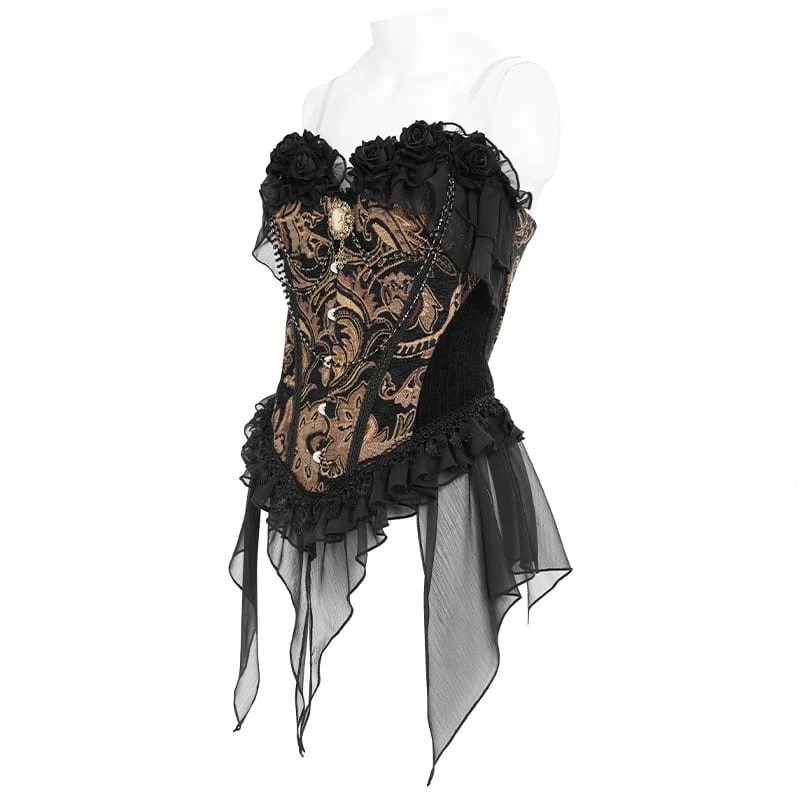 Gothic-Jacquard-Rosen-Overbust-Korsett für Damen mit asymmetrischen, fließenden Chiffon-Säumen