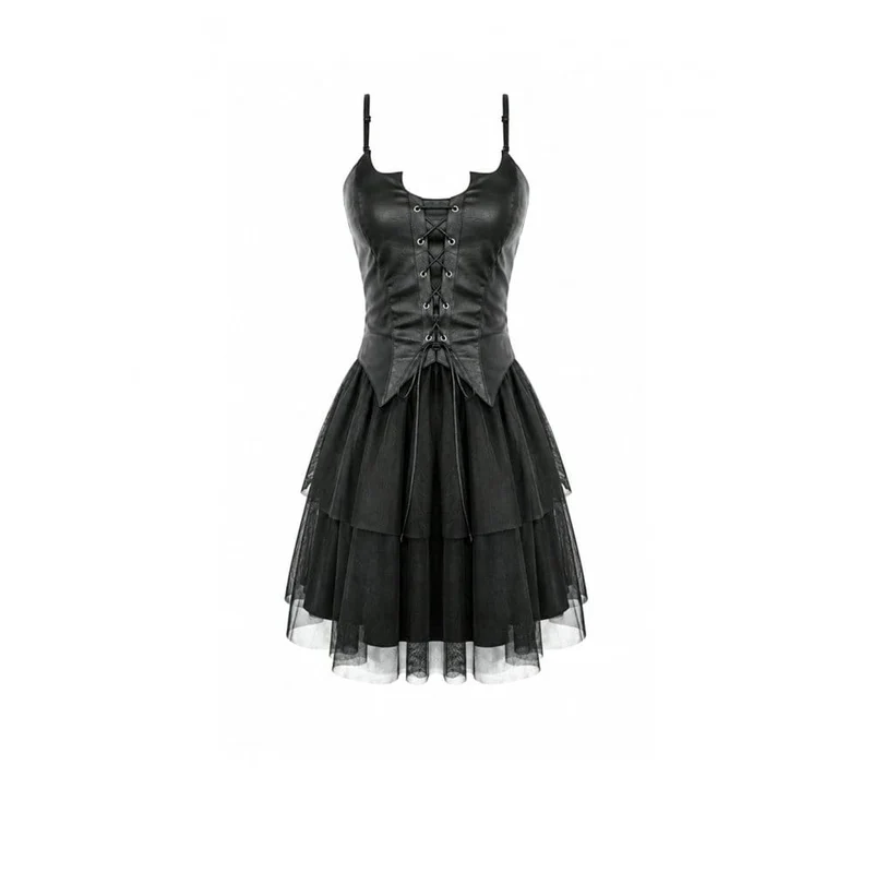 Gothic-Kleid für Damen mit Fledermausflügel-Schnitt, Schnürung und mehrlagigem Mesh-Saum, Abschlusskleid