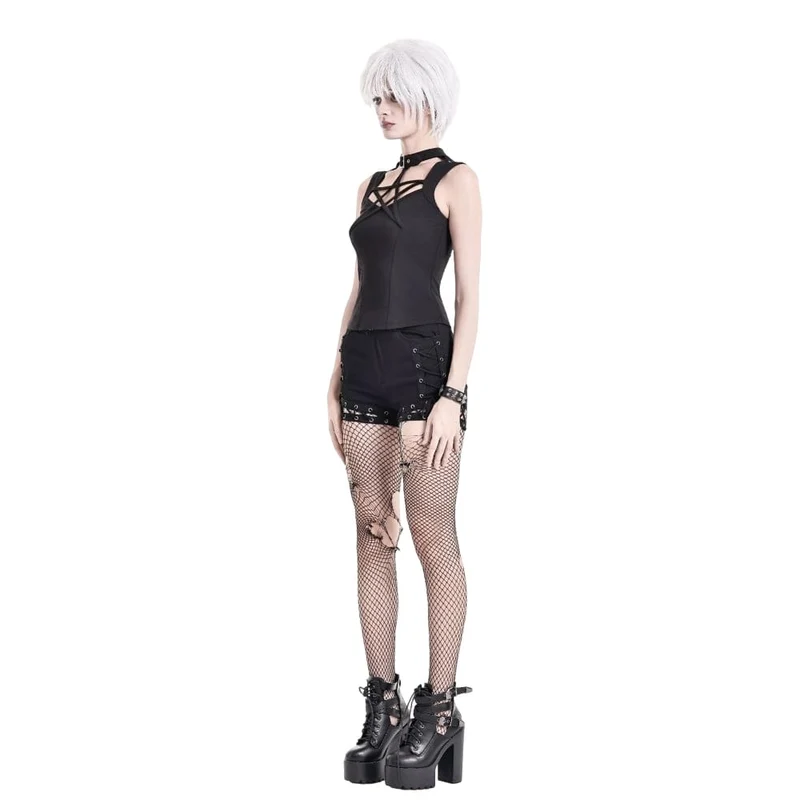Punk-Shorts für Damen mit Ösen, Schnürung und Cut-outs