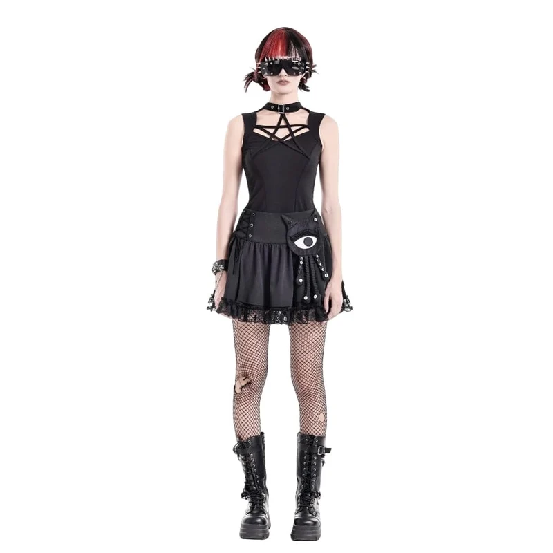 Punk-Minirock für Damen mit Schnürung, floralem Spitzen-Patchwork und Applikationen in Form eines bösen Blicks und Tentakeln