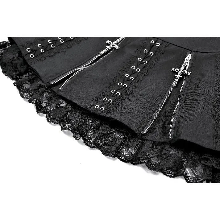 Punk Minirock für Damen mit floralem Spitzen-Patchwork und überkreuztem Reißverschluss