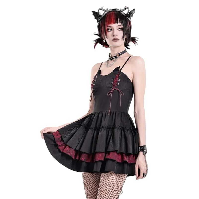 Gothic-Schnürkleid für Damen, zweifarbig, mit Rüschensaum und Lagenlook, Abschlusskleid