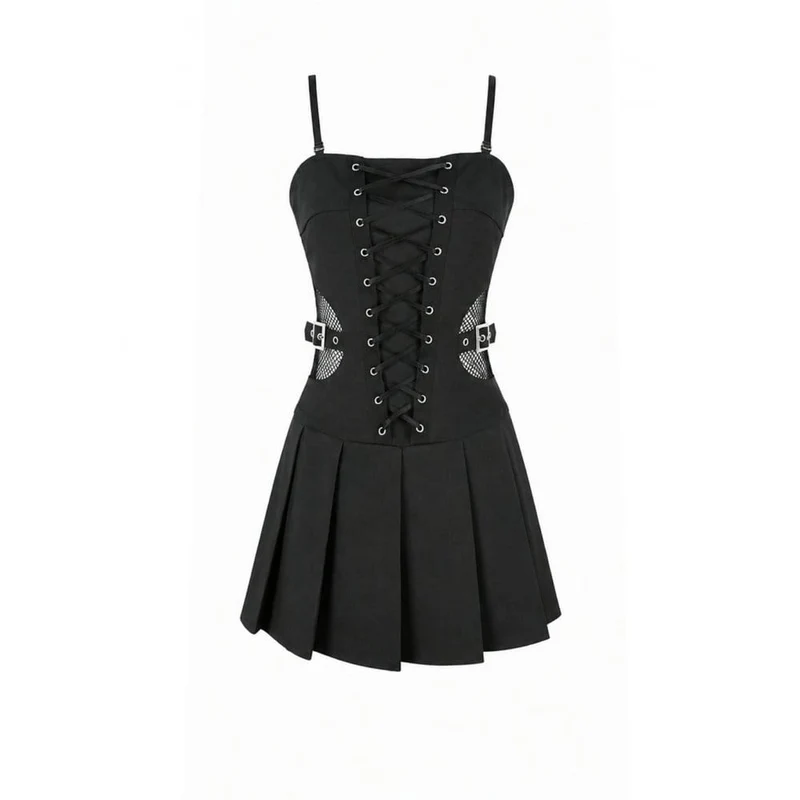 Punk-Slipkleid für Damen mit Schnallenriemen, Mesh-Einsätzen und plissiertem Saum – Abschlusskleid