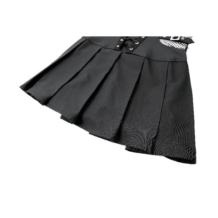Punk-Slipkleid für Damen mit Schnallenriemen, Mesh-Einsätzen und plissiertem Saum – Abschlusskleid