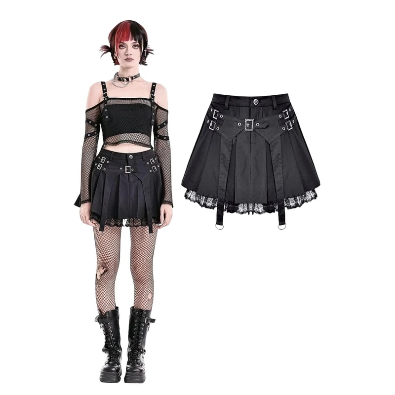 Damen-Punk-Rock mit Spitzen-Patchwork, Schnallenriemen und Falten