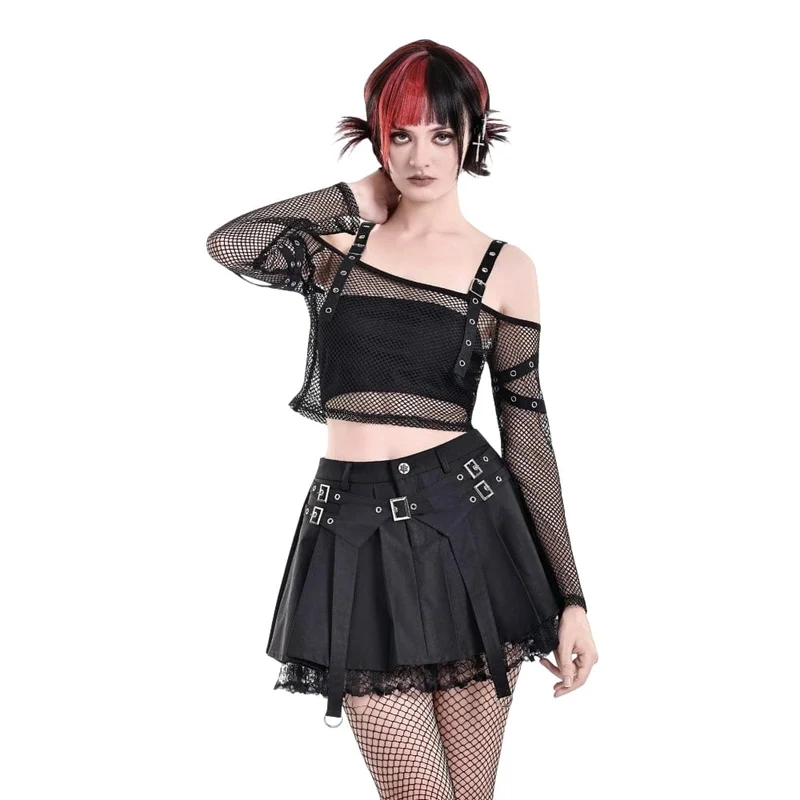 Damen-Punk-Rock mit Spitzen-Patchwork, Schnallenriemen und Falten