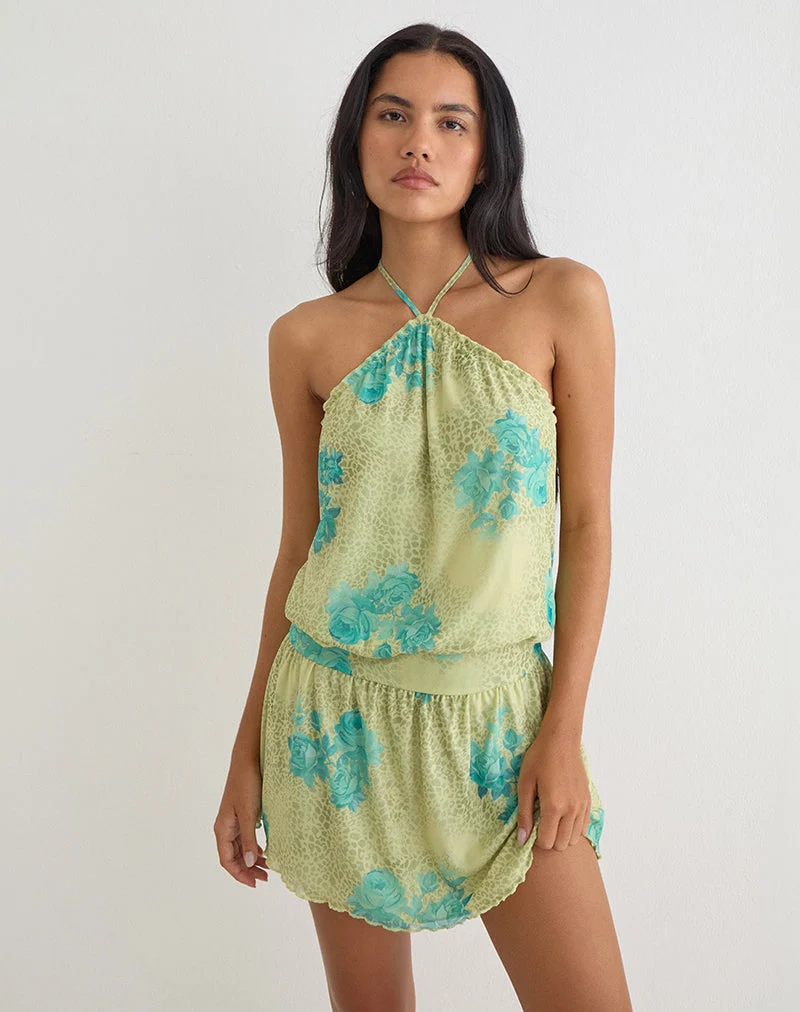 Sunyi-Minikleid in „Green Blurred Jungle“ mit türkisfarbener Rose
