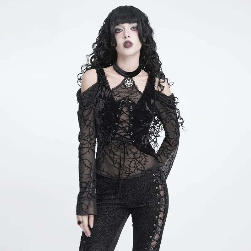 Gothic-Schnürtop mit Dornenranken-Motiv für Damen, schulterfrei, aus Mesh