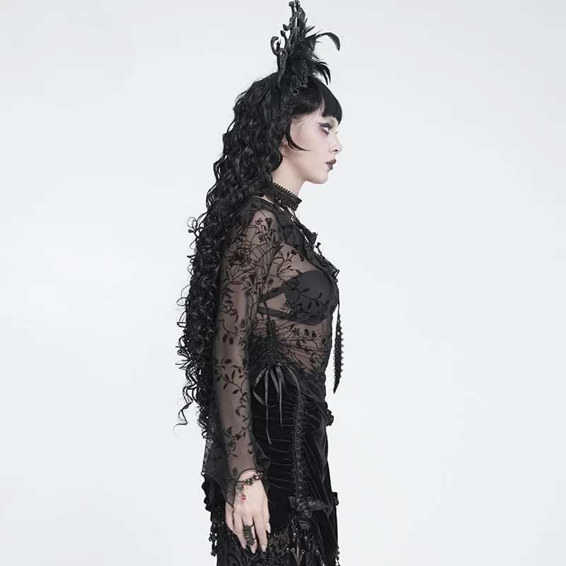 Gothic-Top für Damen, asymmetrisch, mit Blumenmuster und Spinnennetz-Design