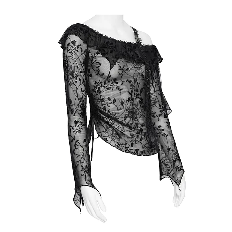 Gothic-Top für Damen, asymmetrisch, mit Blumenmuster und Spinnennetz-Design