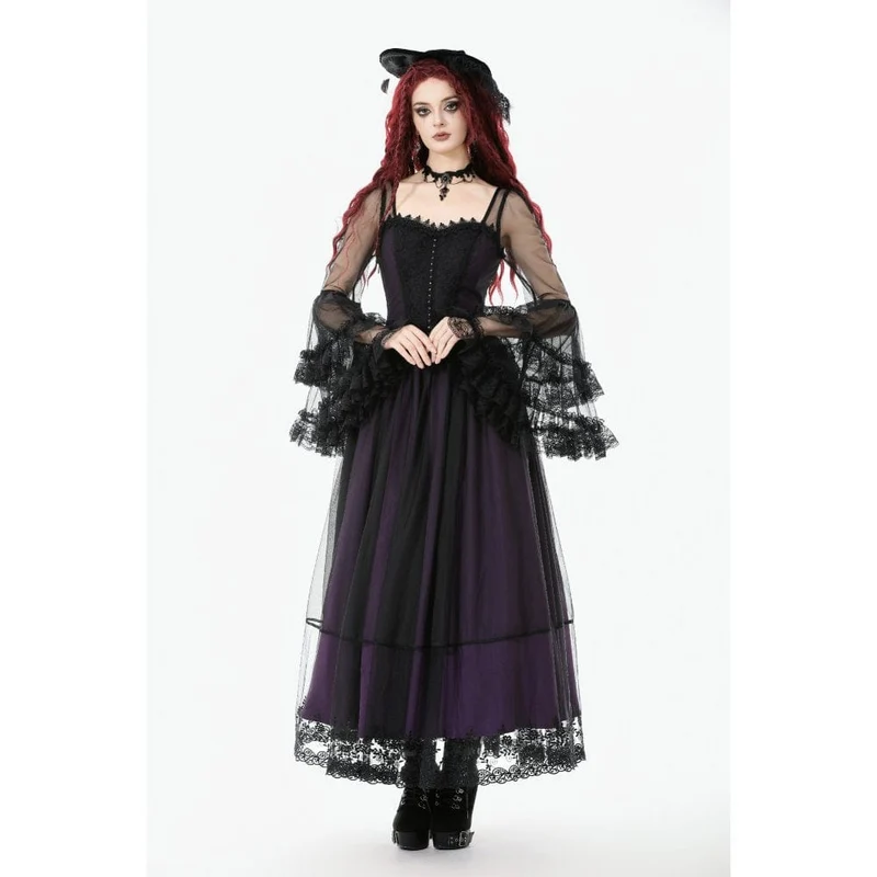 Gothic-Maxikleid für Damen, violett, mit eckigem Kragen und ausgestellten Ärmeln, Hochzeitskleid