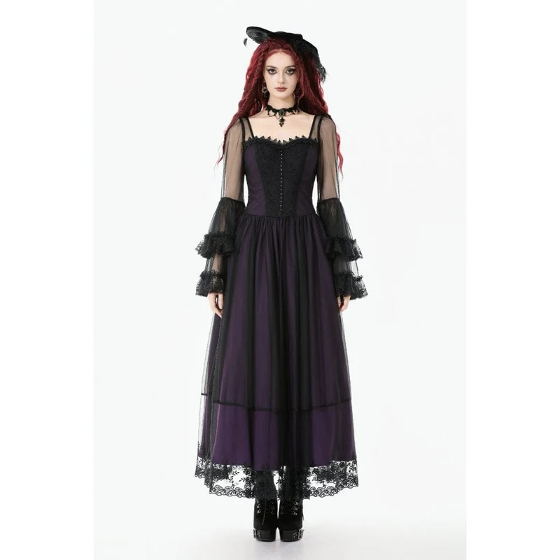 Gothic-Maxikleid für Damen, violett, mit eckigem Kragen und ausgestellten Ärmeln, Hochzeitskleid