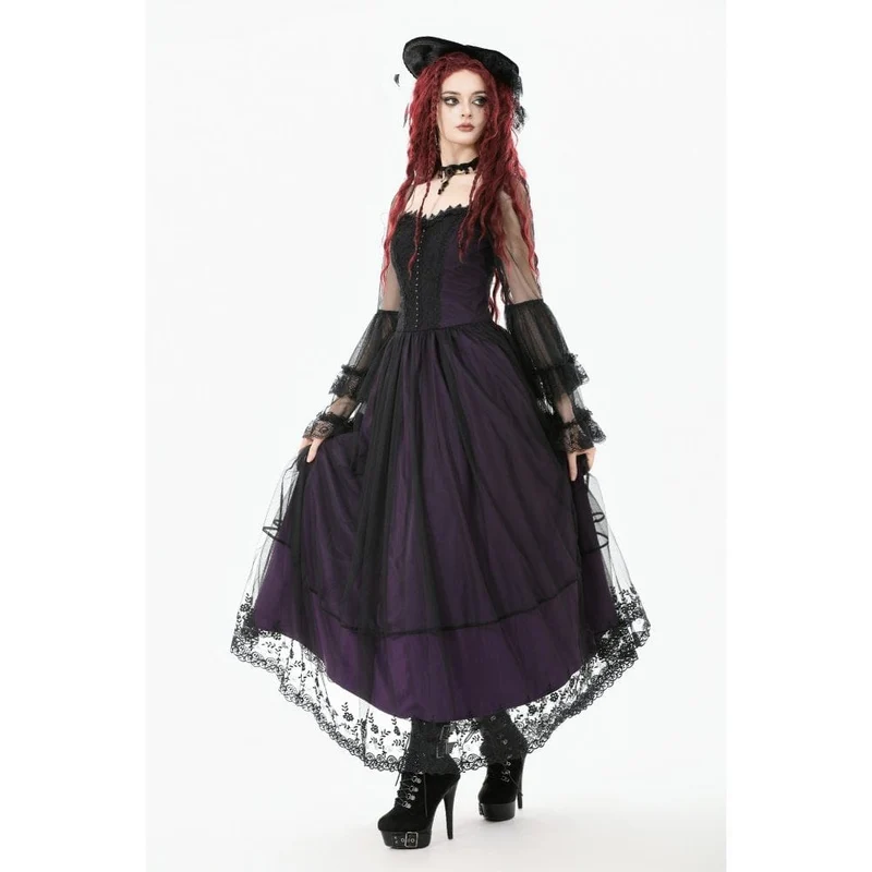 Gothic-Maxikleid für Damen, violett, mit eckigem Kragen und ausgestellten Ärmeln, Hochzeitskleid