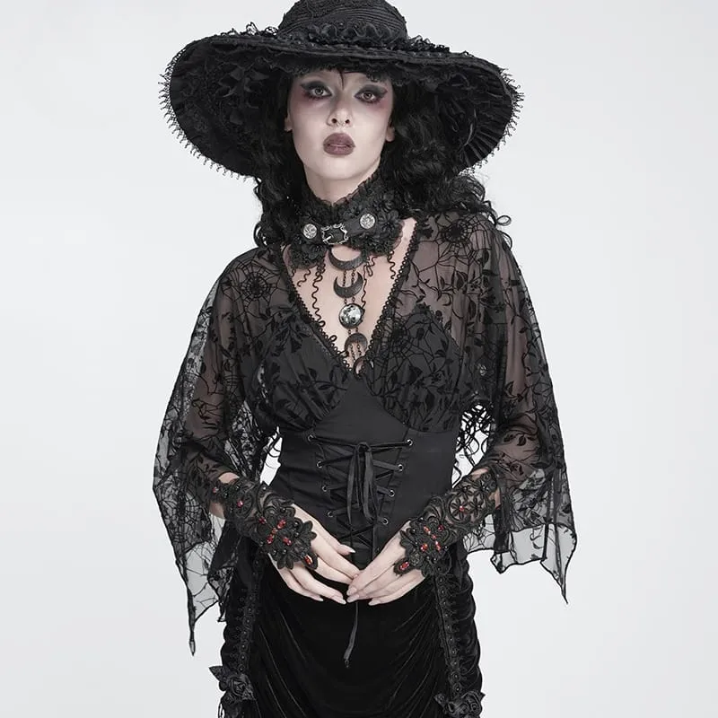 Gothic-Top für Damen mit tiefem V-Ausschnitt, floralem Mesh-Einsatz und Glockenärmeln