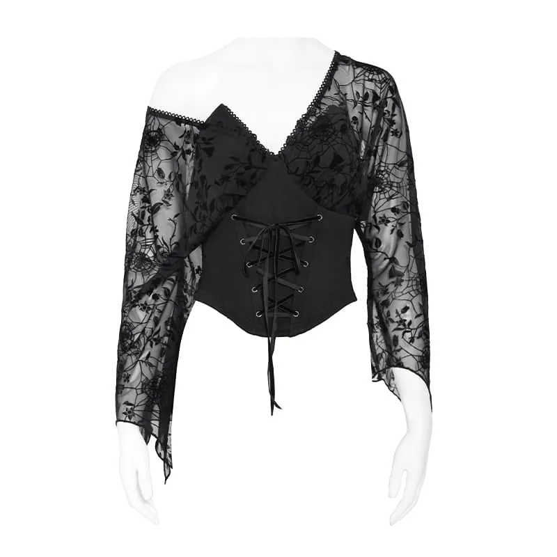 Gothic-Top für Damen mit tiefem V-Ausschnitt, floralem Mesh-Einsatz und Glockenärmeln