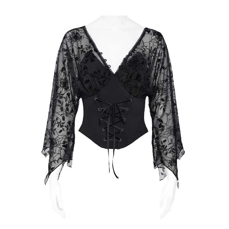 Gothic-Top für Damen mit tiefem V-Ausschnitt, floralem Mesh-Einsatz und Glockenärmeln