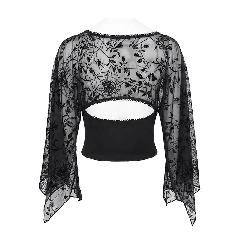 Gothic-Top für Damen mit tiefem V-Ausschnitt, floralem Mesh-Einsatz und Glockenärmeln