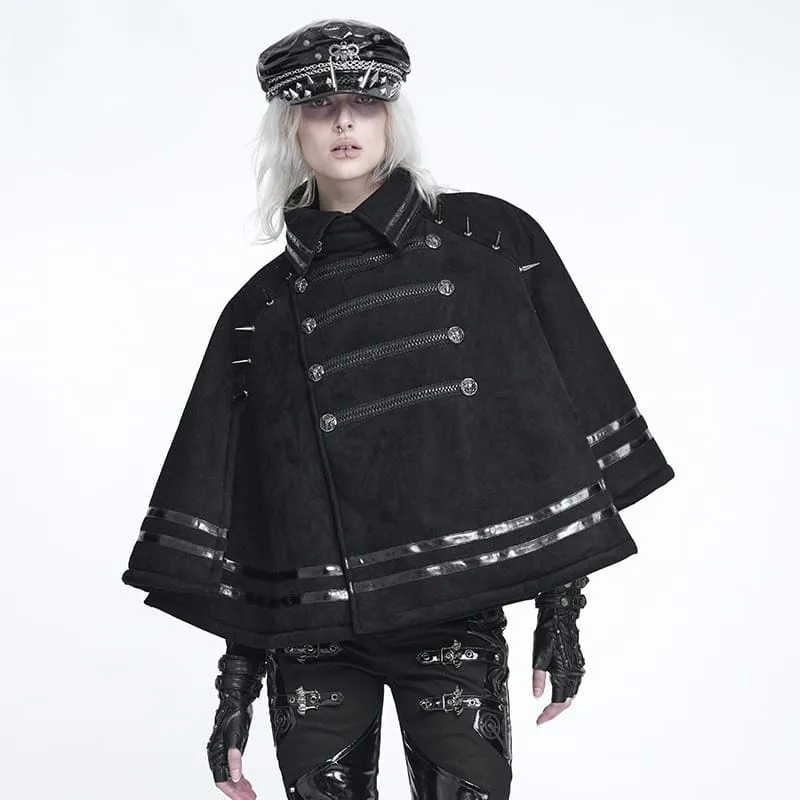 Gothic-Umhang für Damen mit Stehkragen, Stacheln und asymmetrischer, schräger Knopfleiste