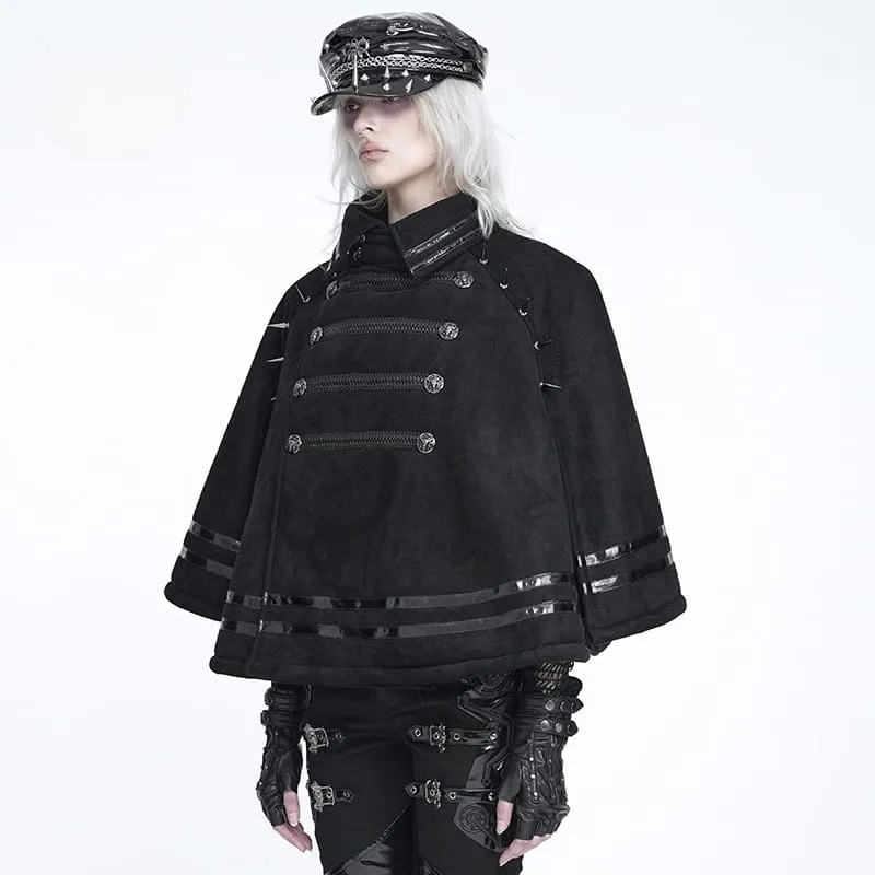 Gothic-Umhang für Damen mit Stehkragen, Stacheln und asymmetrischer, schräger Knopfleiste