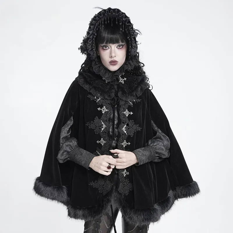 Gothic-Samtumhang für Damen mit besticktem Kunstpelzbesatz und passender Halskrause