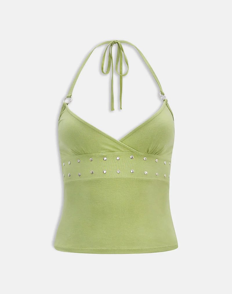 Mayoti-Top aus Rayon-Jersey in Apfelgrün mit Nieten