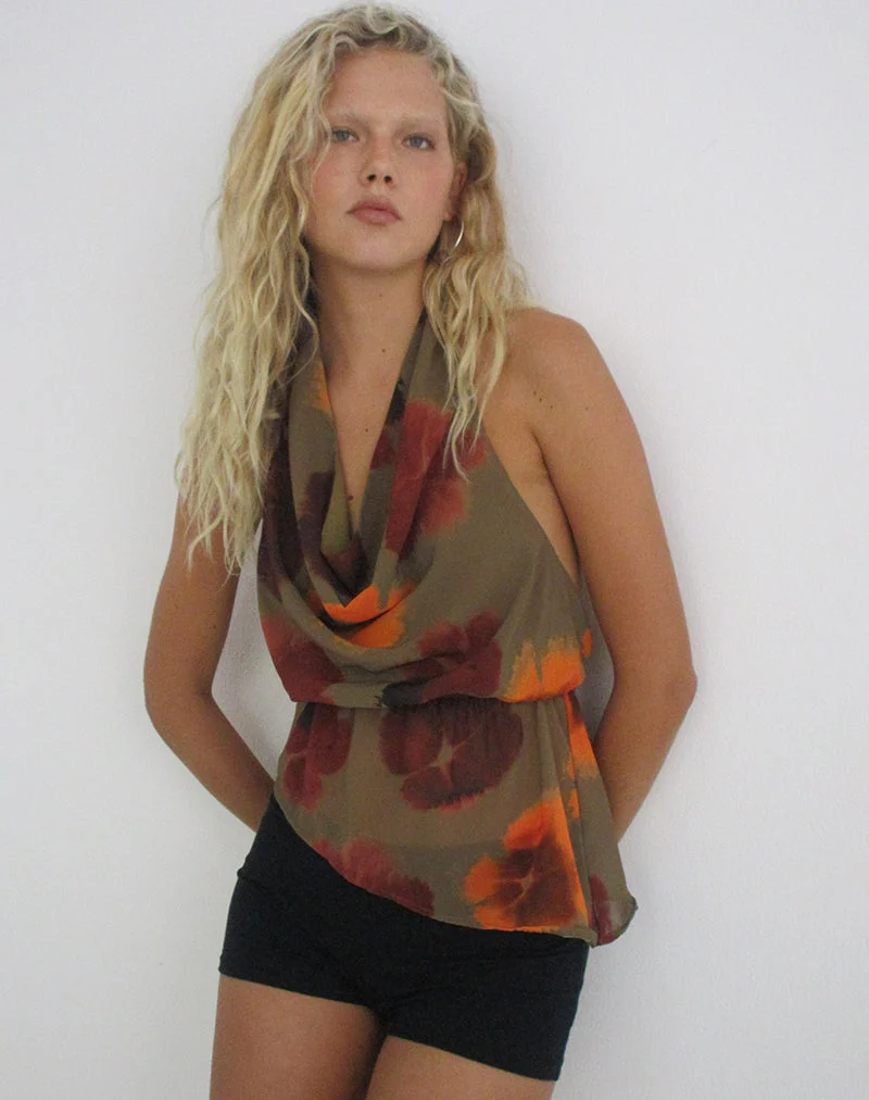 Mahda-Top aus Chiffon mit Blütenblättern, Schriftzug, olivgrün