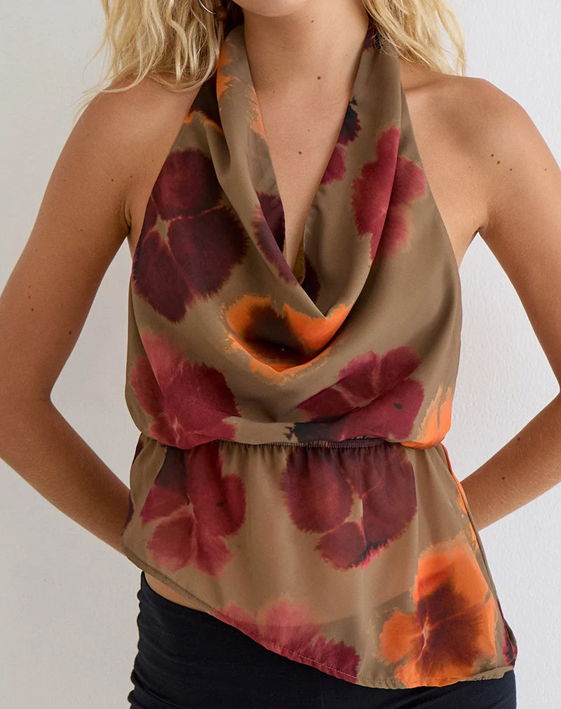 Mahda-Top aus Chiffon mit Blütenblättern, Schriftzug, olivgrün