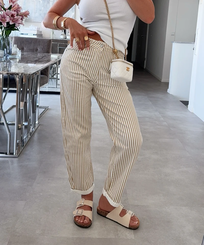 Stretch Mom Jeans Vila Streifen Beige
