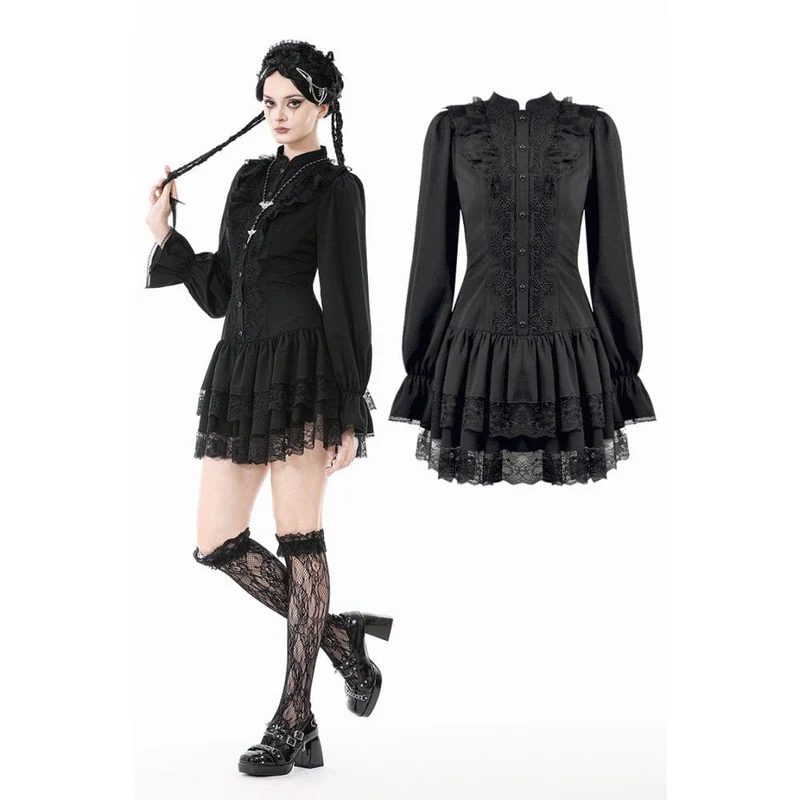 Gothic-Kleid mit Rüschen und Puffärmeln für Damen, Abschlusskleid